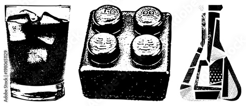 Black and white halftone graphic of a drink with ice, brick with faces, and geometric bottle design stylized vector art, isolated cutout.