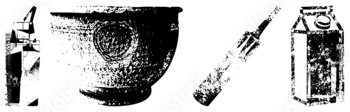 Stylized black and white halftone print of a kettle, mixing bowl, whisk, and milk carton, classic kitchen tools rendered in gritty texture.