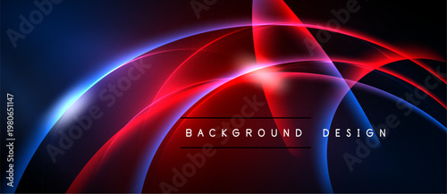 Abstract neon lines create dynamic curves. Red, blue hues blend against dark background. Text reads background design.