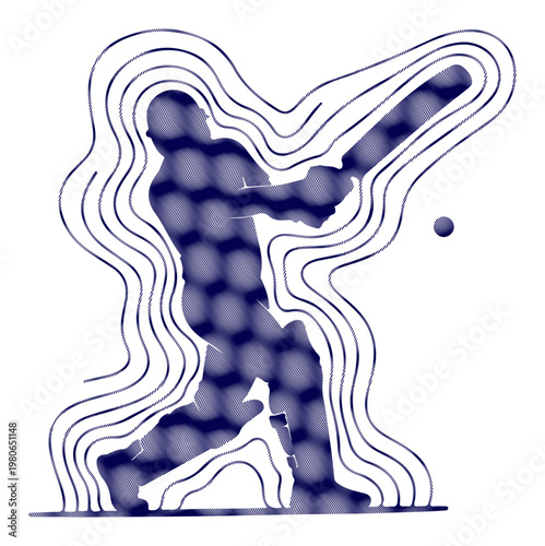 Dynamic silhouette of a cricketer mid-swing, surrounded by abstract energetic lines.