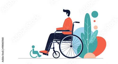 Man sitting in a wheelchair is looking towards the landscape in a park with stylized trees and colorful abstract shapes.