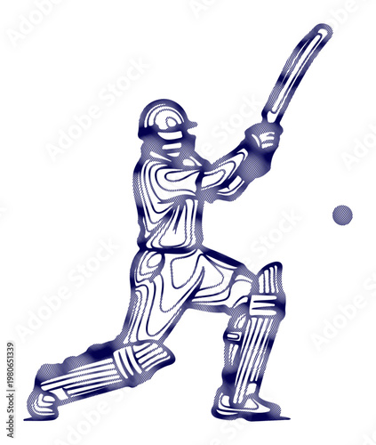 Dynamic illustration of a cricket player powerfully swinging a bat during a game.