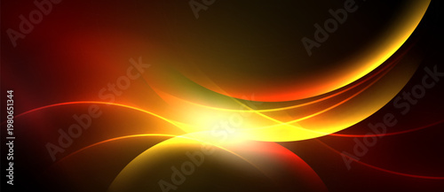 Abstract design features vibrant orange, yellow hues. Smooth curves radiate from bright central point, creating dynamic visual effect. Dark background enhances luminosity.