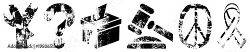 Distressed including voting box, gavel, peace sign, and awareness ribbon, vector symbols with texture, protest,, and social justice motifs.