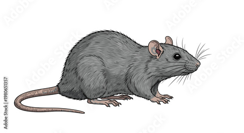 Realistic illustration of a grey rat standing on all four legs looking to the right with its long tail and whiskers.