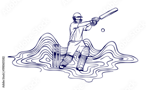 Dynamic illustration of a cricketer in action, playing a powerful shot amidst abstract flowing lines.