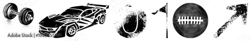 Black and white vector gym weight, sports car, American football, golf flag, directional arrow, all with gritty texture. Fitness, racing, sports, navigation symbols.