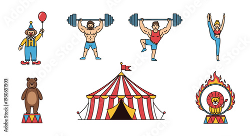 Set of circus-related illustrations including a clown, strongmen, an acrobat, a bear, a circus tent, and a lion jumping through fire.