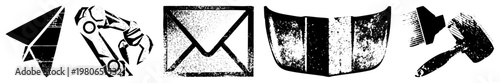 Stylized (paper plane, robotic hand, envelope, car hood, paintbrush) in high contrast halftone, vector with distressed look for UI/branding/digital art.