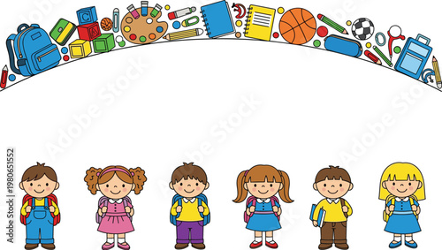 Happy school children with education supplies border frame vector illustration for back to school banner, classroom decoration and kids learning design