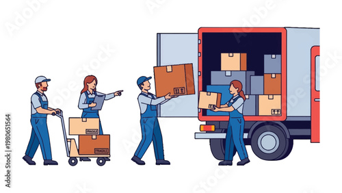 Shipping and Transport: A dedicated team efficiently loads packages into a delivery truck, ensuring seamless transportation and logistical excellence. 