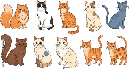 Hand Drawn Cute Cat Characters Collection with Different Breeds, Colors, and Poses for Pet Illustration, Stickers, Children Design, and Vector Artwork.