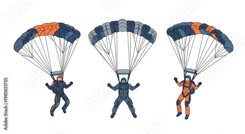 Three skydivers are descending through the air with their colorful open parachutes during an extreme sports jump.