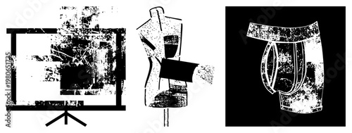 Distressed vector silhouettes of mannequin, projector, and briefs with grunge texture, isolated graphic elements, design, fashion or tech concept art.