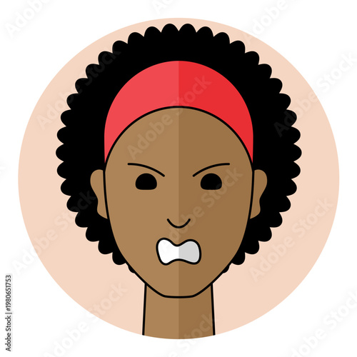 Black woman face avatar with furious facial expression and aggressive open mouth showing teeth. Female character portrait for mad emotion, rage, conflict.