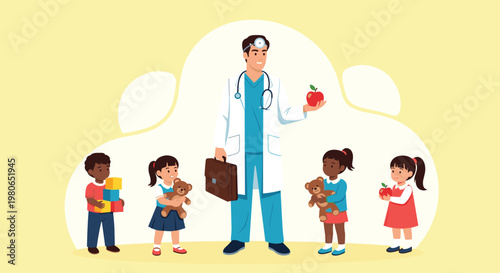Friendly male doctor in a white coat is holding an apple and a briefcase while surrounded by four happy young children with toys.