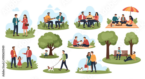 Diverse groups of people and families are enjoying leisure time in a green city park with trees, benches, and picnic areas.