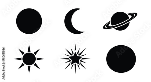 Celestial black icons set, minimalist space and astronomy symbols, 6 vector elements featuring sun, moon, and planets for graphic design