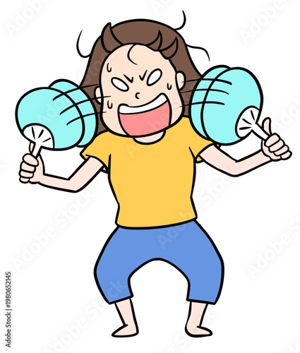 両手にうちわを持って必死の形相で仰ぐ女性のイラスト