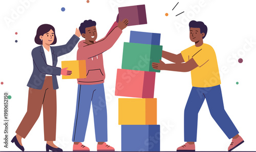 People stacking colorful blocks together outdoors in teamwork