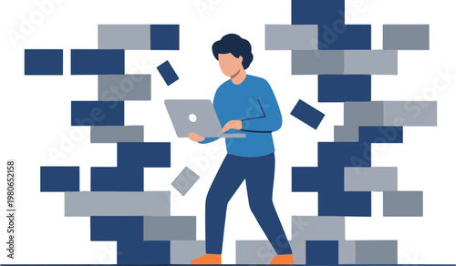 Man standing with laptop amidst falling blocks in city