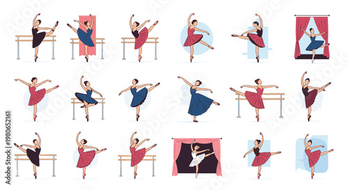 Extensive collection of female ballet dancers performing various graceful dance moves and poses in different colored tutus.