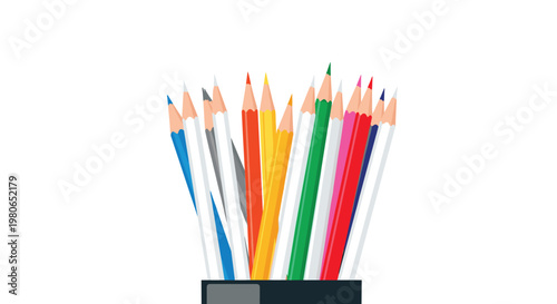 Collection of many sharp and colorful wooden pencils placed upright in a dark grey holder for drawing and artistic work.