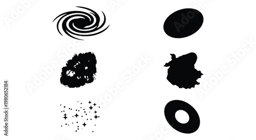 Minimalist space icons set, black celestial silhouettes including spiral galaxy and stars, 6 vector elements for astronomy and science design