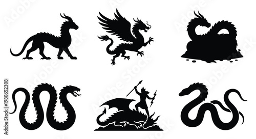 Mythical dragon silhouette collection, 6 fantasy creature vector icons, ancient serpent and winged wyvern set, legendary monster graphic elements