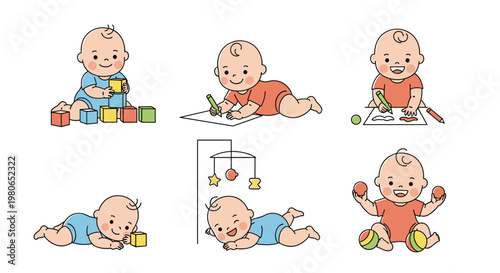 Set of cute baby illustrations shows infants in various activities like playing with blocks, drawing, crawling, and holding colorful balls.