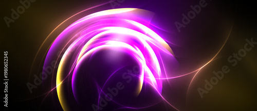 Abstract swirls, vibrant purple glows radiate from center. Dark background emphasizes luminous curves, creating dynamic visual effect.