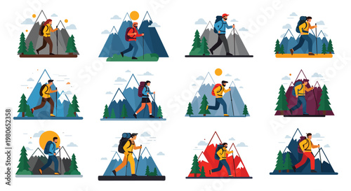 Collection of hikers in various poses and mountain landscapes demonstrates the beauty of outdoor adventure and trekking in nature.