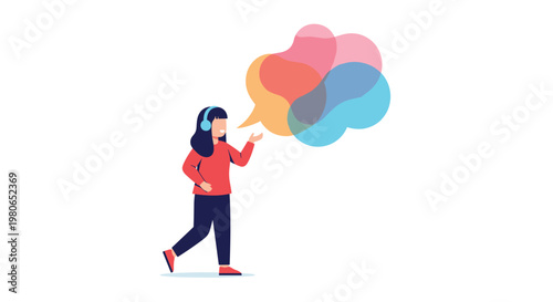 Young woman wearing headphones speaks with colorful abstract thought bubbles that represent translation, ideas, or communication.