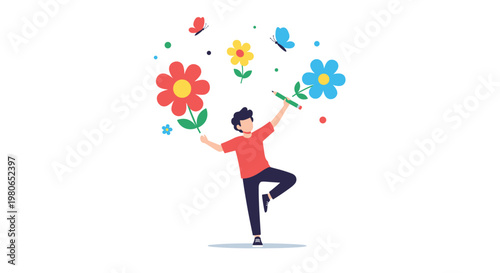 Happy boy holds giant colorful flowers while surrounded by butterflies, representing the joy of nature, spring, and imagination.
