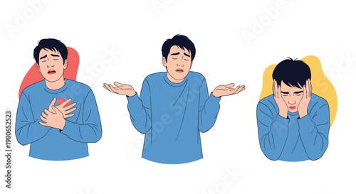 Set of illustrations depicts a man experiencing various negative emotions like chest pain, confusion, and deep sadness or despair.