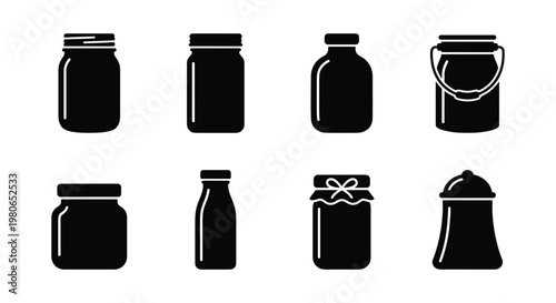 Minimalist glass jar icons set, black silhouette mason jars and kitchen storage containers, 8 vector food packaging symbols for pantry organization