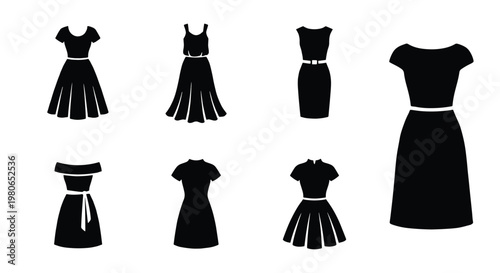 Black dress silhouette icons, collection of 7 female fashion garment vectors, elegant cocktail and evening dress shapes for retail and apparel design