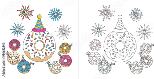 Cute Donut Party Illustration with Fireworks and Party Hats, Coloring Book Page for Kids with Color and Line Art Versions