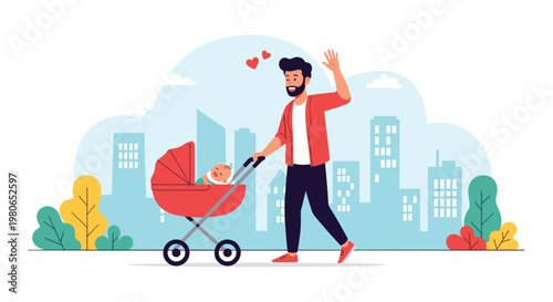 Young bearded father wearing a red shirt and black pants pushing a sleeping baby in a red stroller through a sunny city park.