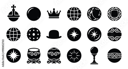 Black silhouette sphere icons, 18 mystical globe and orb elements, royal crown and celestial star symbols, flat vector collection for ui design