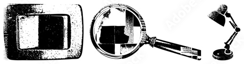 Retro screen, magnifying glass inspecting checkered, adjustable desk lamp all rendered in gritty halftone style, vector graphic with isolated foreground elements.