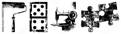 Roller brush, tiles, sewing machine, puzzle pieces classic tools and games rendered in gritty vector art with distressed texture.