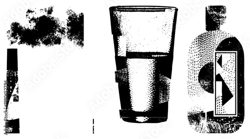 Vector halftone illustration of drinking glass and bottle, textured ink strokes, graphic design elements, print style, isolated objects.