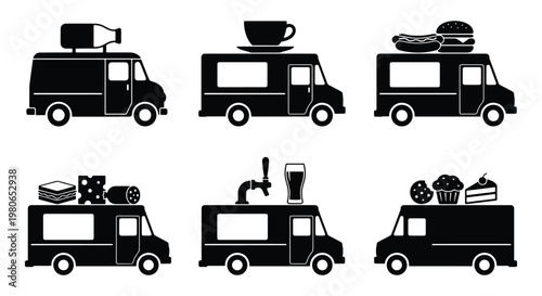 Black food truck silhouette icons set, mobile street food van collection with coffee and burger symbols, 6 vector delivery vehicle illustrations