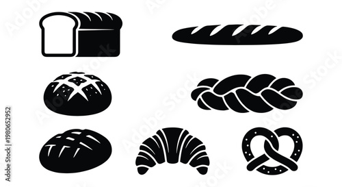 Bakery bread icons set, black silhouette bakery products collection including baguette and croissant, 7 vector elements for cafe menu design