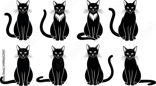 Set of eight black cat silhouettes in various sitting poses isolated on white background vector illustration for graphic design projects