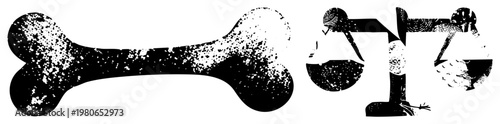 Stylized bone and justice scales with gritty halftone texture, graphic symbols, legal or pet themed visuals, vector art.