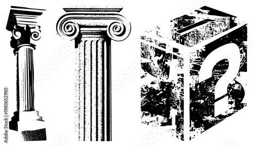 Ancient Greek columns with fluted shafts and ornate capitals, halftone textured block letters, vector glyph art, architectural motifs, isolated design elements.