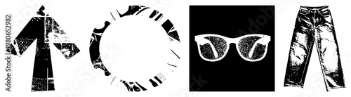Retro graphic fashion symbols directional arrow, circular frame, classic sunglasses, ripped jeans. Vector art with halftone texture, isolated foreground elements.