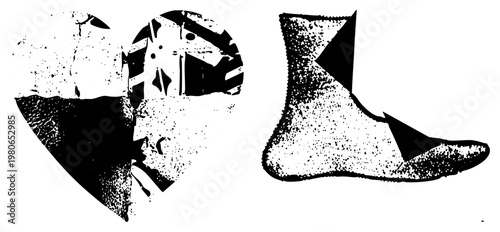 Stylized broken heart with UK flag motif, distressed texture, paired with textured boot silhouette, halftone vector art, isolated graphic elements.